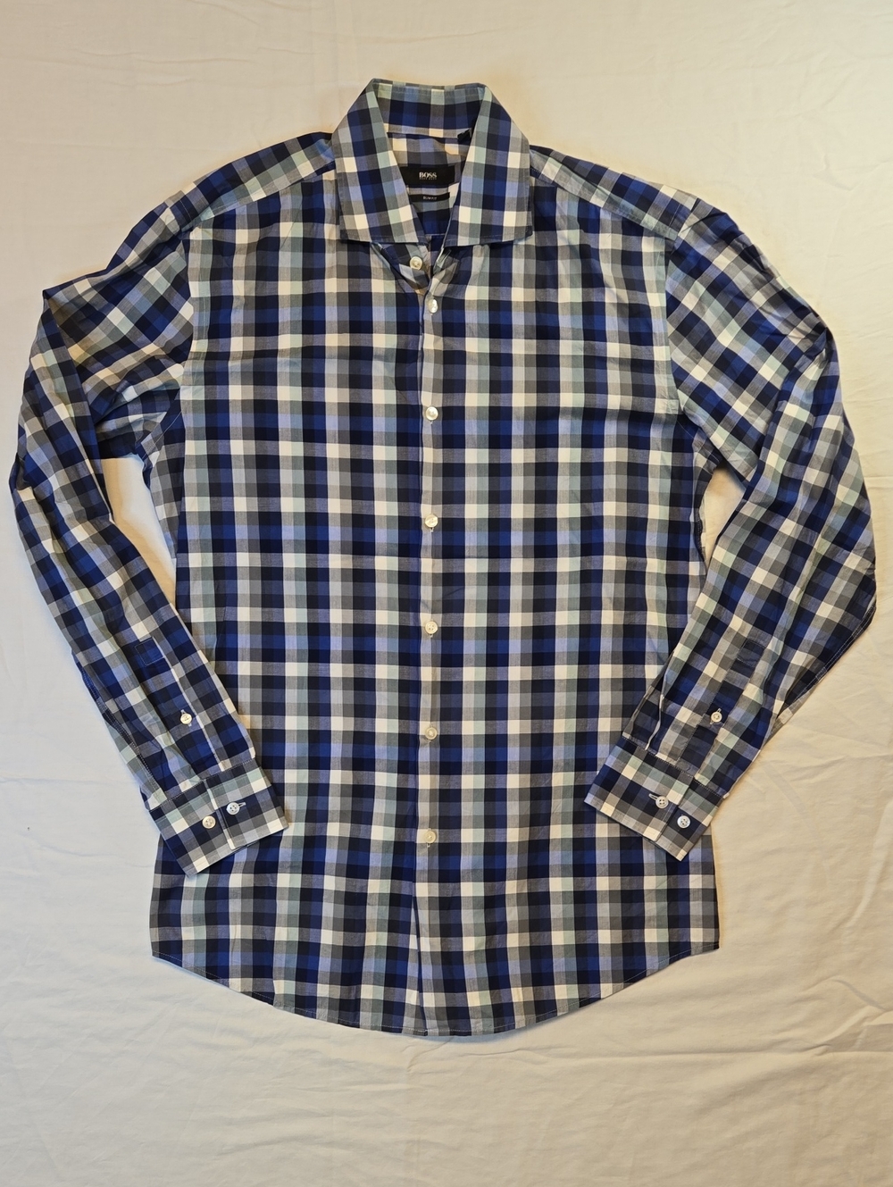 Hugo Boss Blue & White Plaid Dress Slim Fit Button Down Long Sleeve Casual Shirt